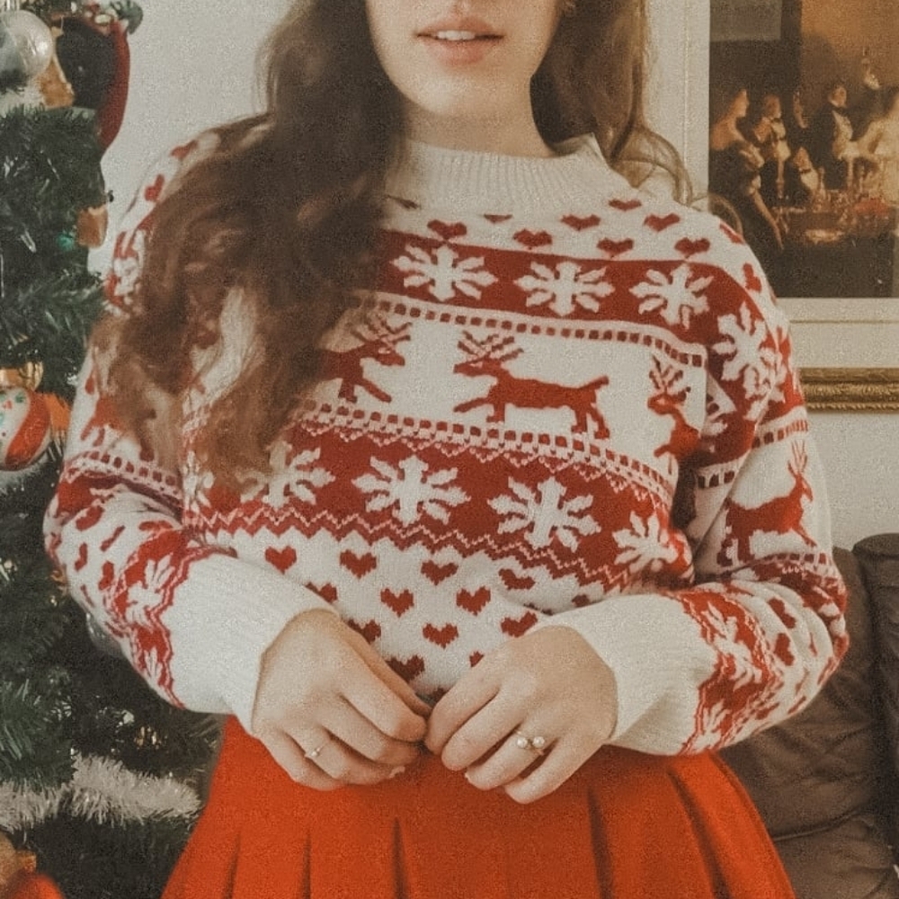 SHEIN Red and White Reindeer Crewneck Sweater